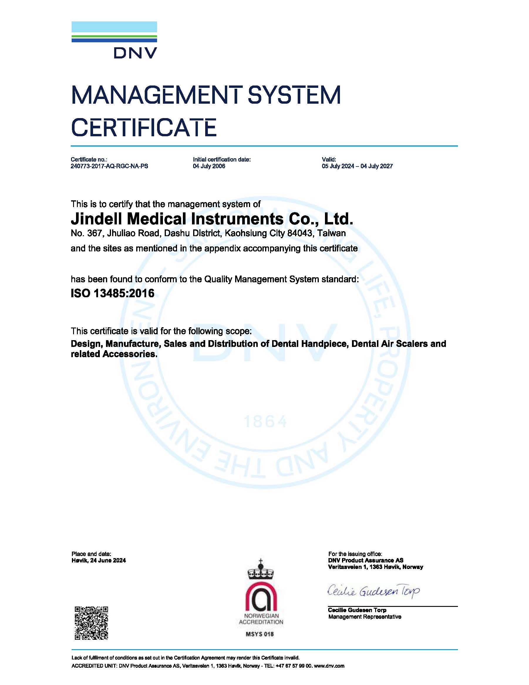 JinDELL ISO13485-2016 certificate 2024edition 